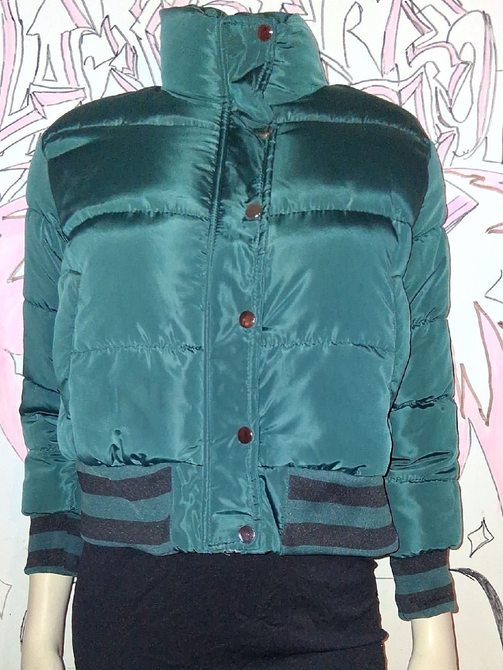 Fashion Nova Teal Puffy Jacket with Ribbed Trim